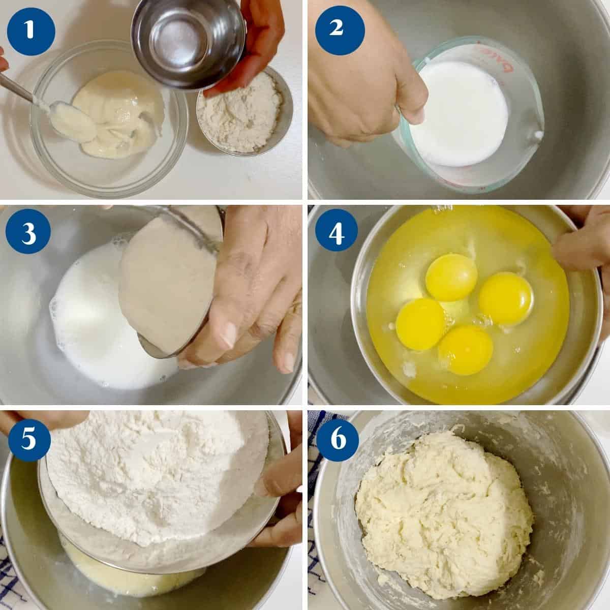 Progress pictures for making sourdough brioche buns.