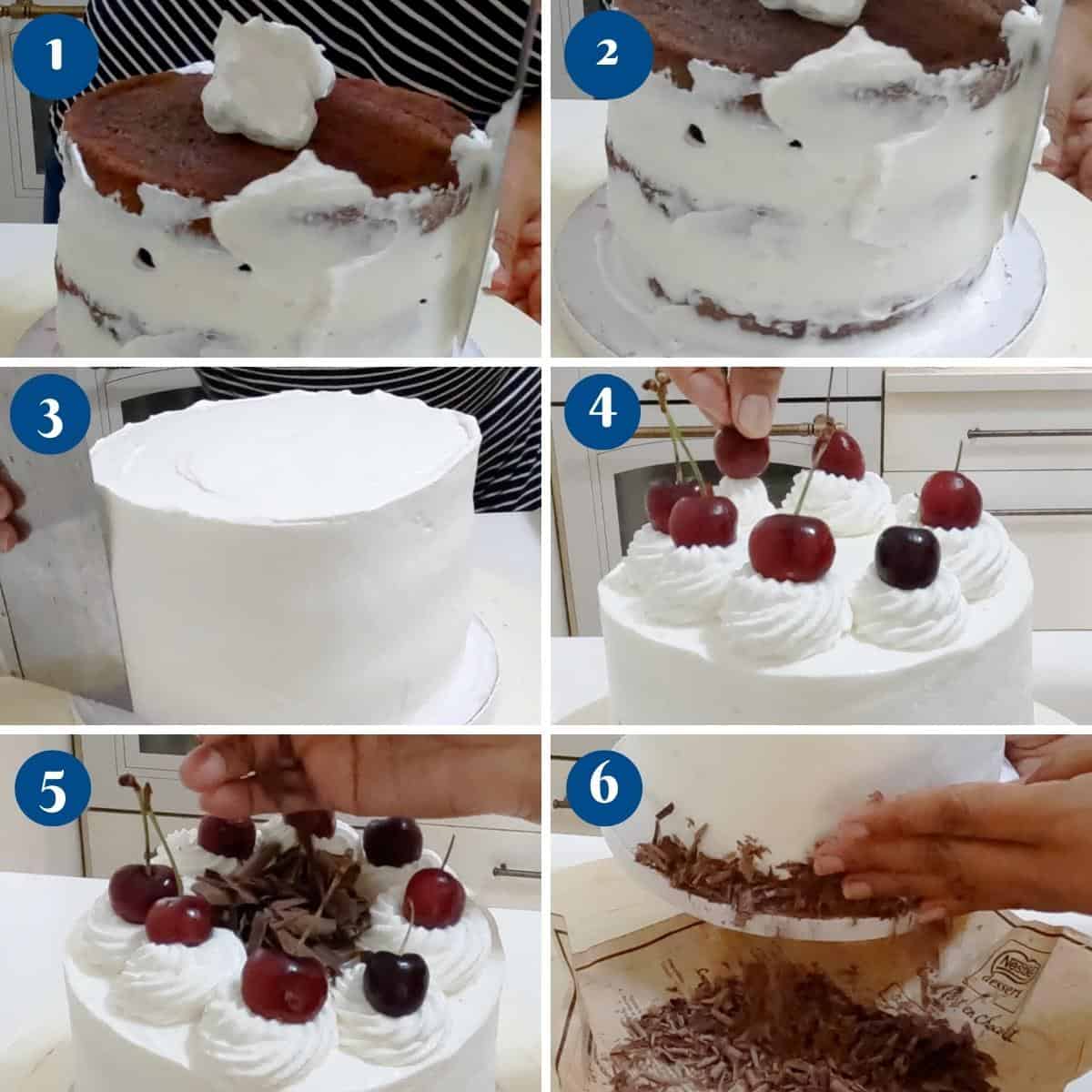 Progress pictures frosting the black forest layer cake.