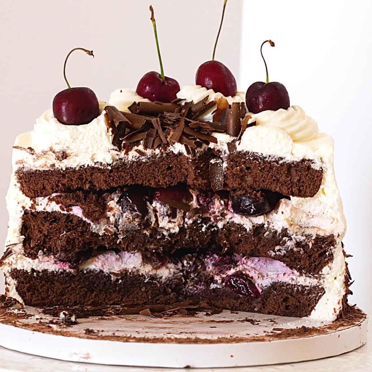A sliced black forest layer cake.