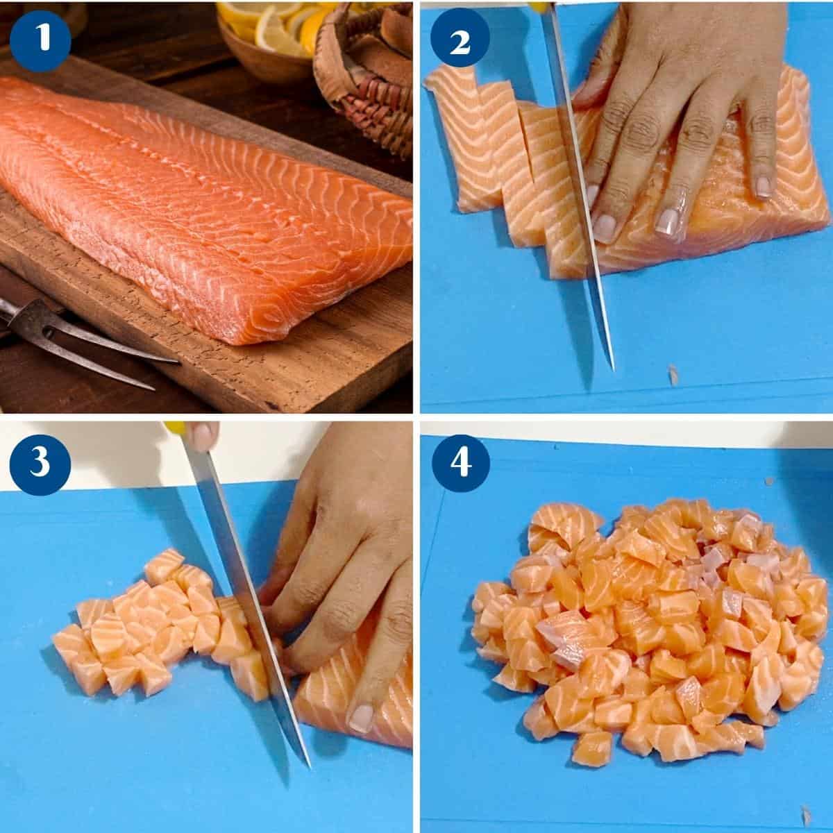 Progress pictures dice the raw salmon.