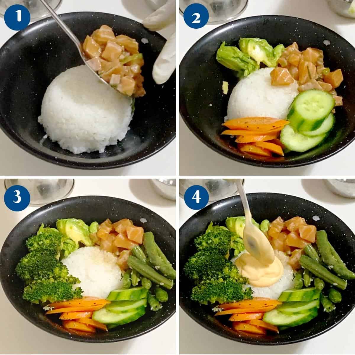 How to arrange a poke bowl with salmon.