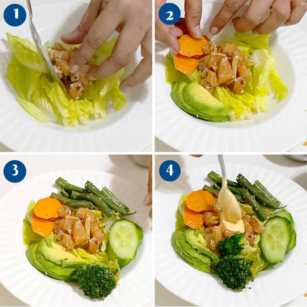 How to arrange a poke bowl with salad.