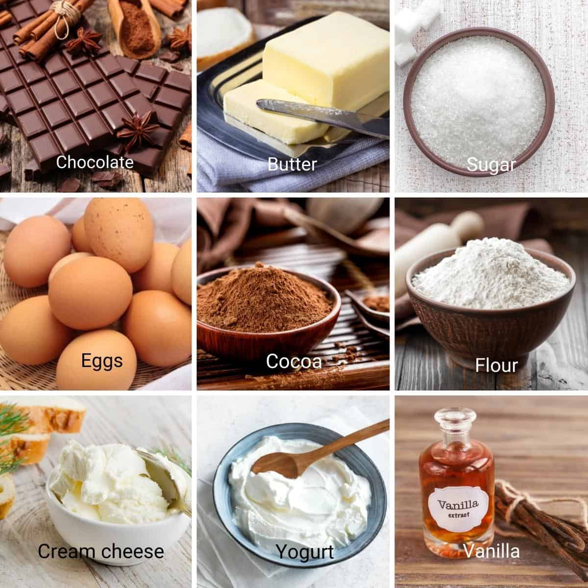 Ingredients for making brownies with cream cheese.