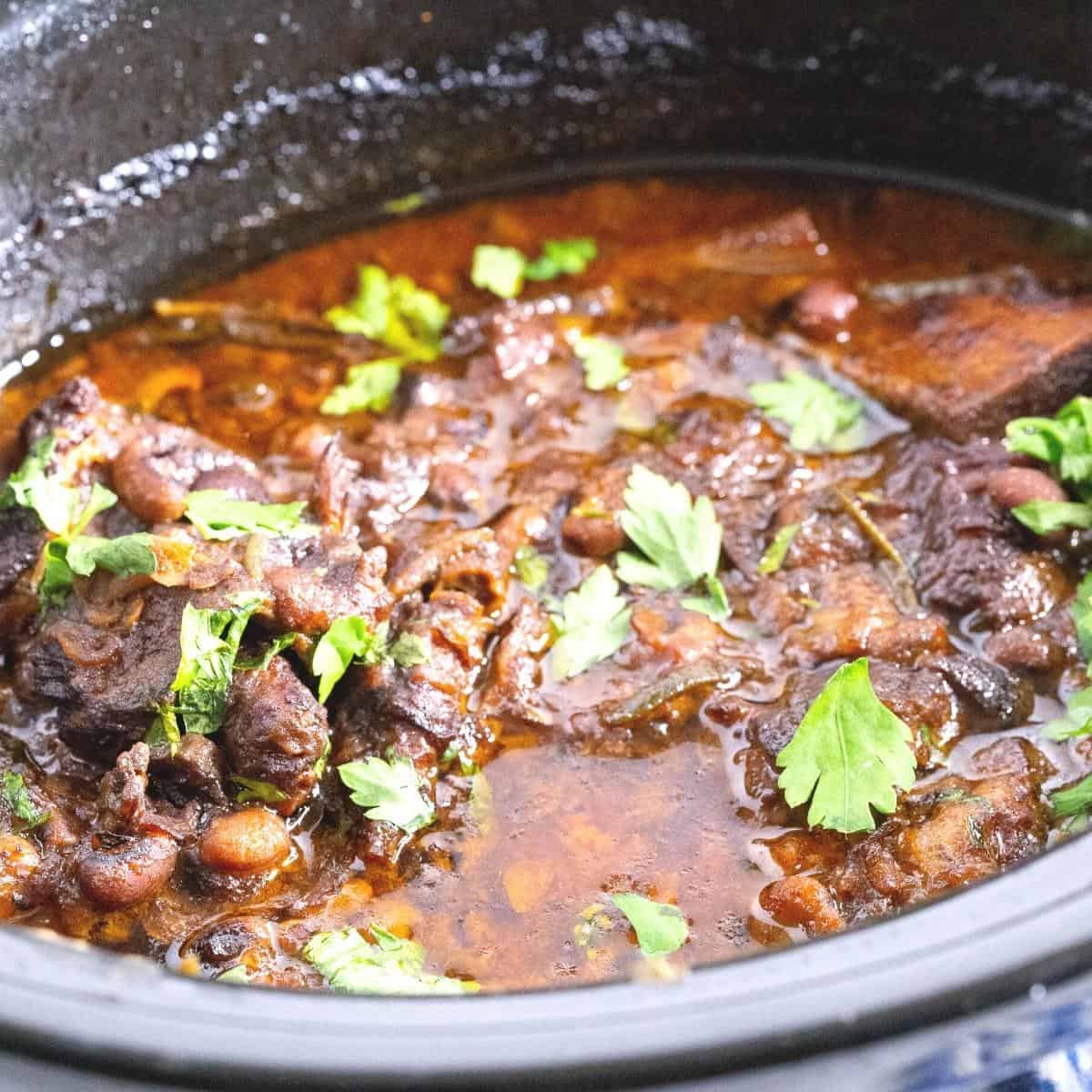 A slow cooker with short ribs.