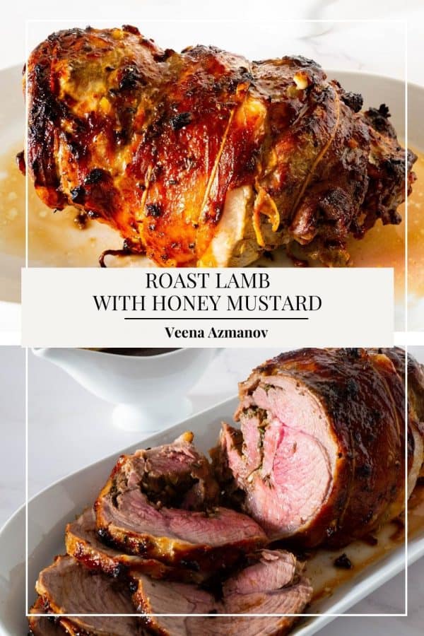Pinterest image for lamb roasted with honey mustard.