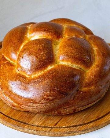A baked four braid challah.