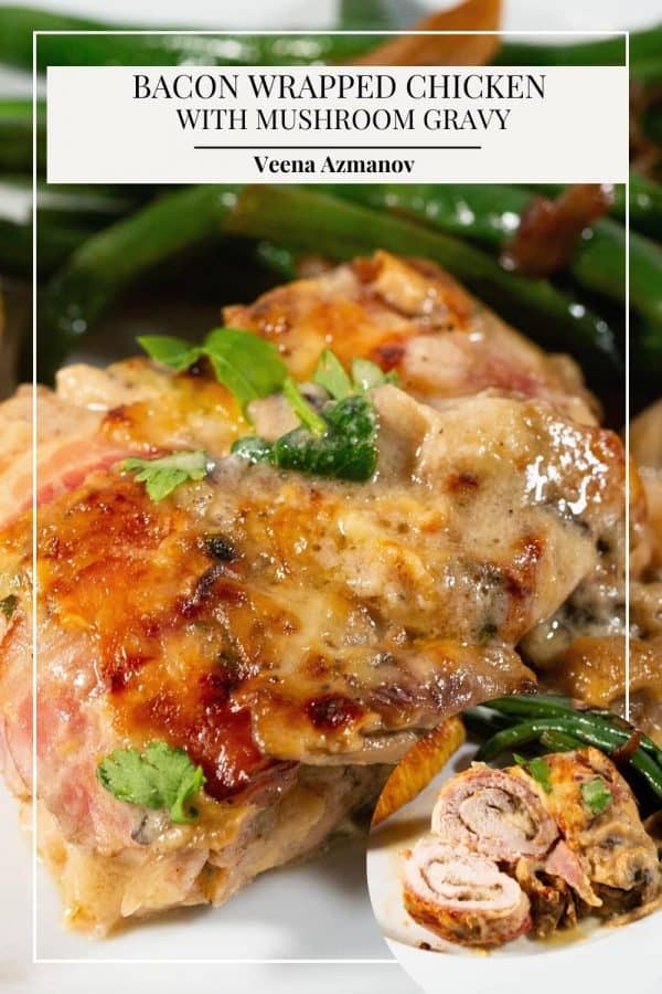 Pinterest image for chicken with bacon and mushrooms.