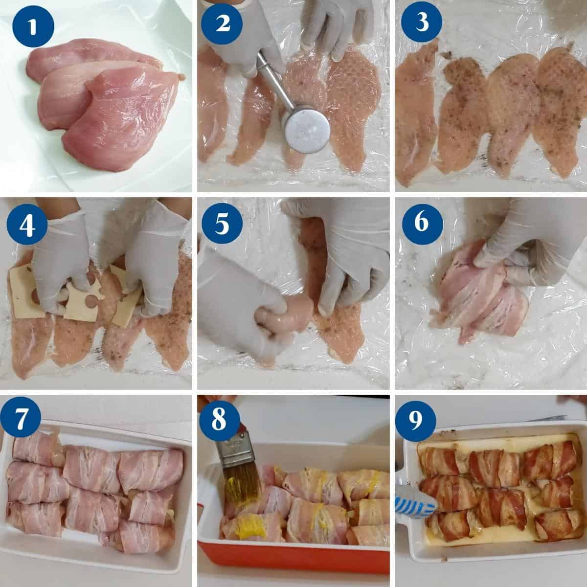 Progress pictures for chicken with bacon and cheese.