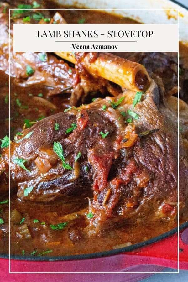 Pinterest image for braised lamb shanks with red wine.
