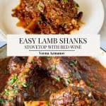 Pinterest image for braised lamb shanks with red wine.