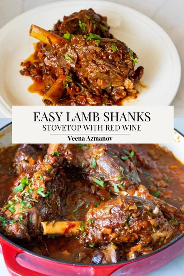 Pinterest image for braised lamb shanks with red wine.