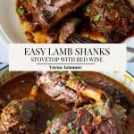 Pinterest image for braised lamb shanks with red wine.