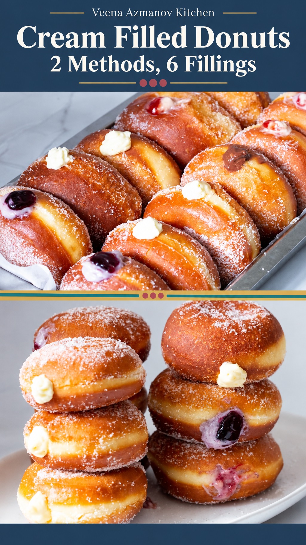 Pinterest image for Cream Filled Donuts with 6 Filled using 2 Methods.