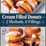 Pinterest image for Cream Filled Donuts with 6 Filled using 2 Methods.