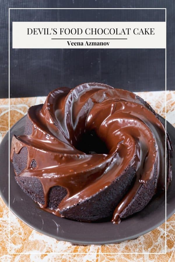 Pinterest image for Chocolate Devils Food Cake.