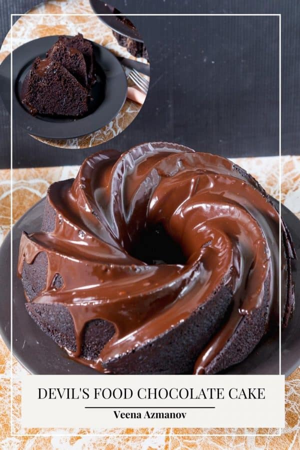 Pinterest image for Chocolate Devils Food Cake.