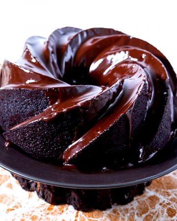 A glazed chocolate bundt cake.