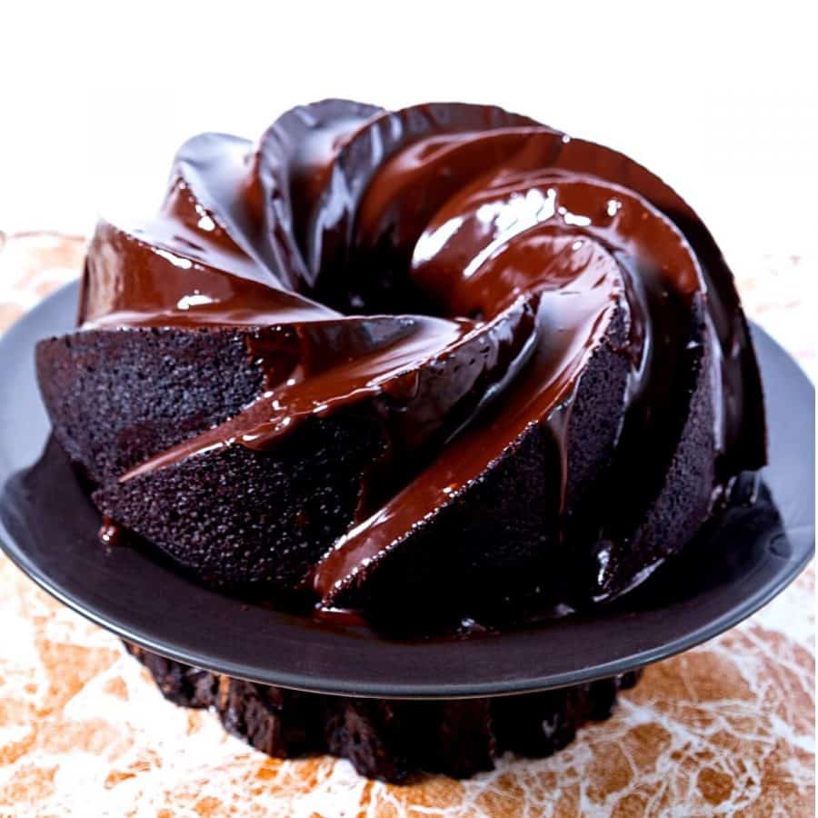 A glazed chocolate bundt cake.