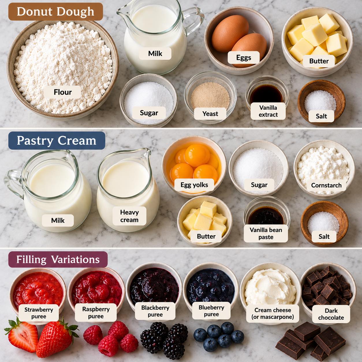 Ingredients for making cream filled donuts.