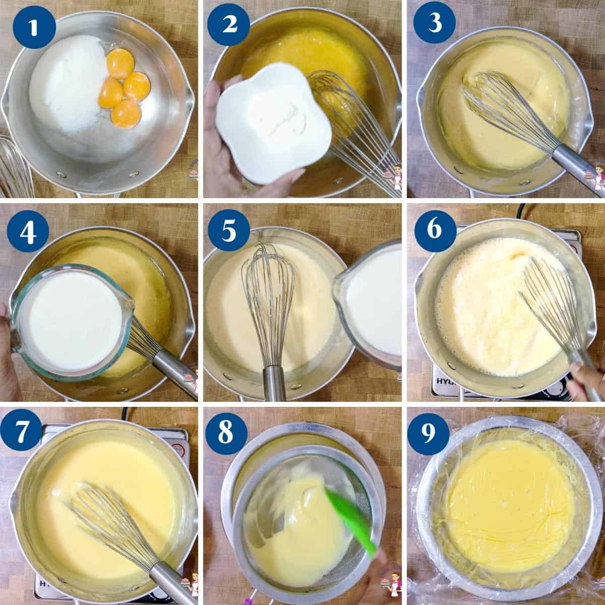 Progress pictures making pastry cream. 