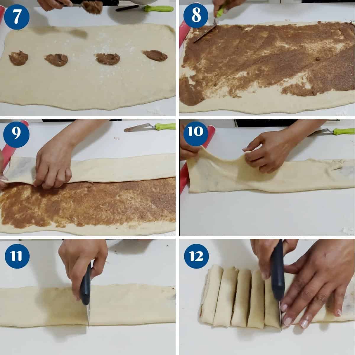 Progress pictures spreading the cinnamon sugar on the dough.