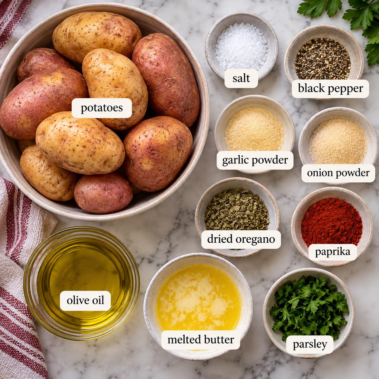 Ingredients for sliced Hasselback Potatoes.