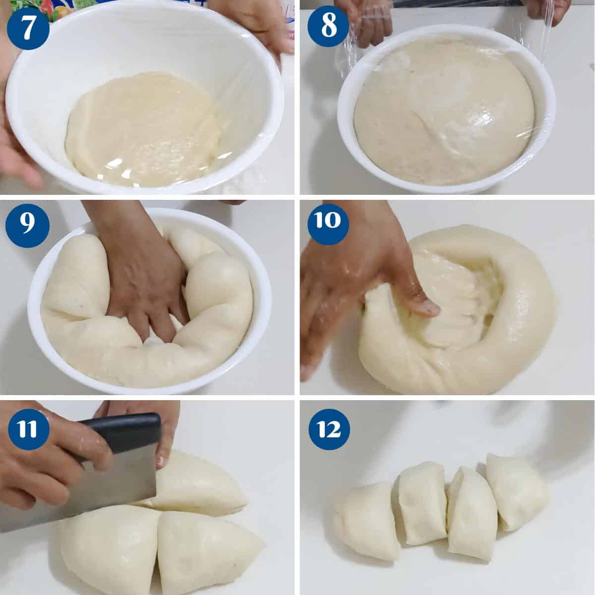 Progress pictures shaping doughnuts.