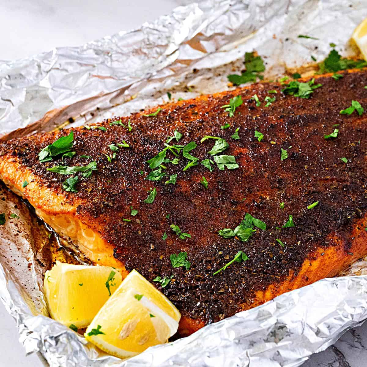 A fillet with blackened on the salmon.