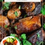 Pinterest image for short ribs braised with red wine.