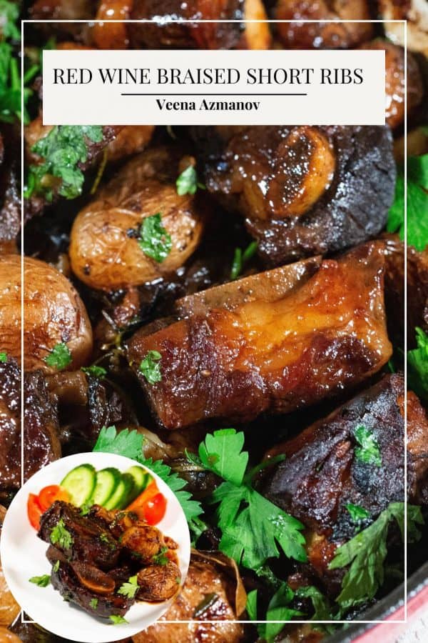Pinterest image for short ribs braised with red wine.