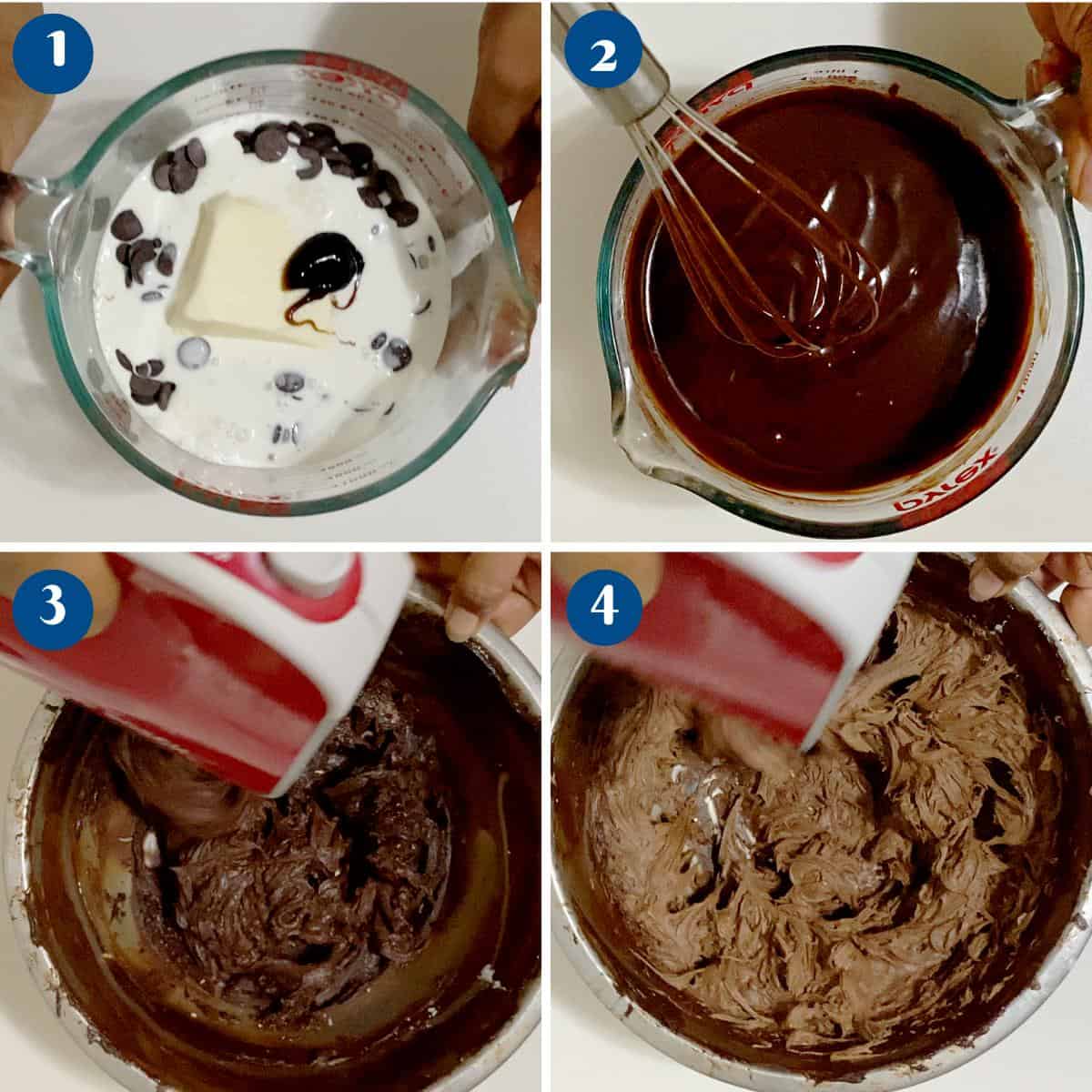 Progress pictures making whipped chocolate ganache.