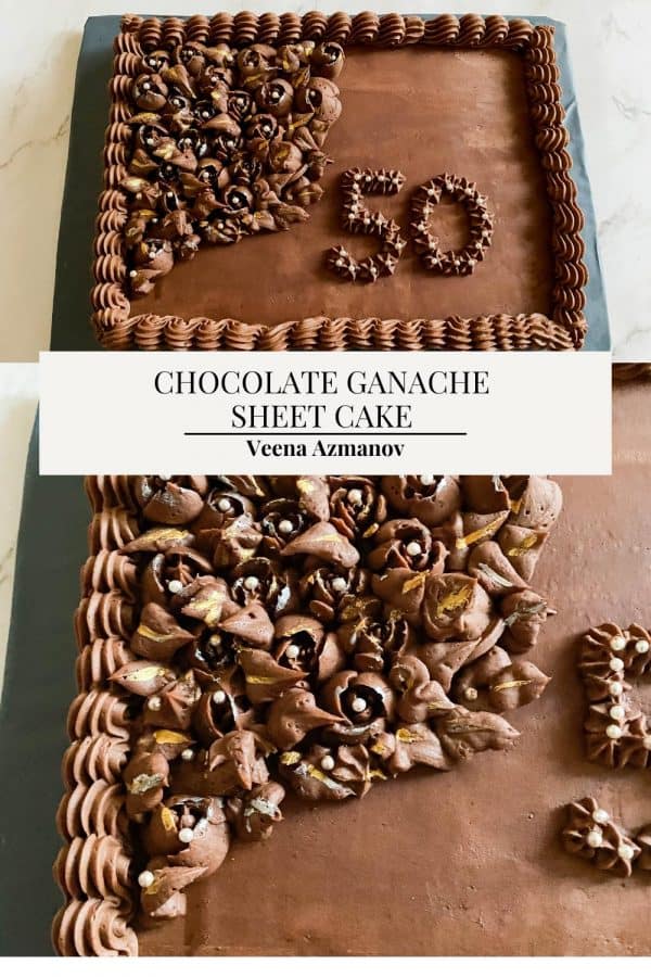Pinterest image for chocolate sheet cake and chocolate ganache frosting.
