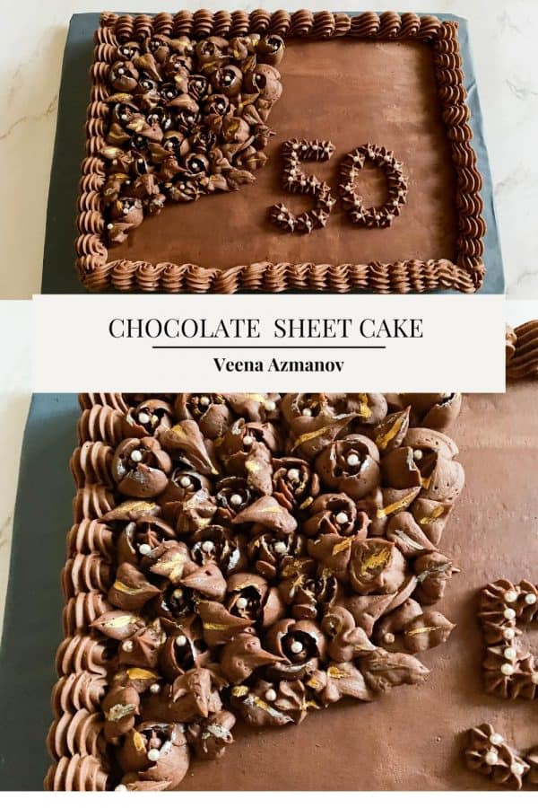 Pinterest image for chocolate sheet cake and chocolate ganache frosting.