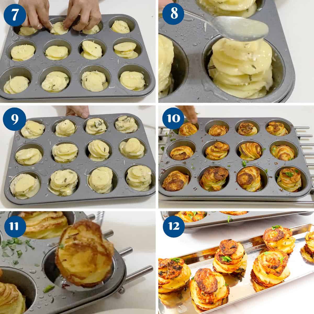 Progress pictures baking potato stacks in muffin pans.