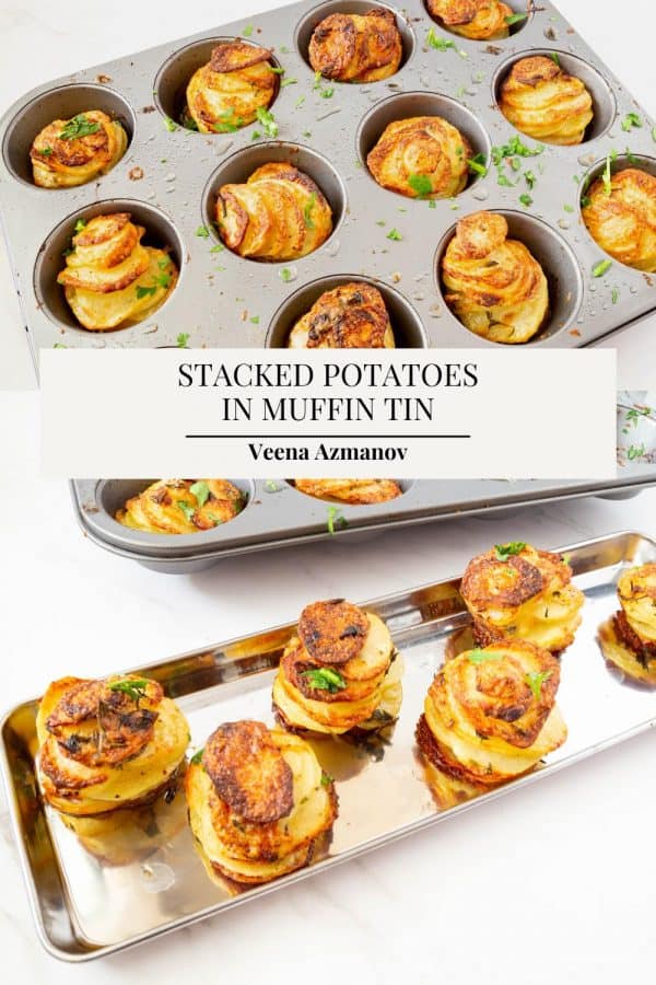 Pinterest image for Parmesan crispy stacked potatoes.