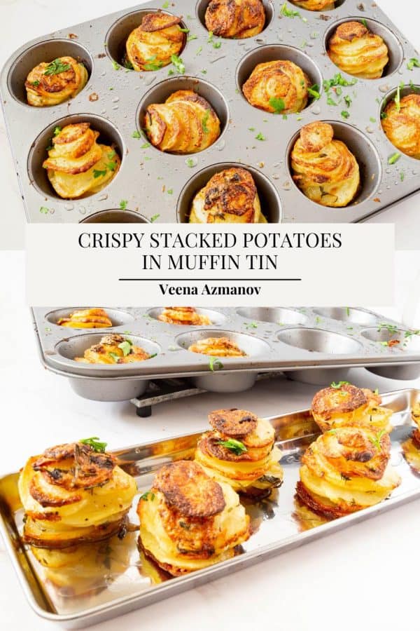 Pinterest image for Parmesan crispy stacked potatoes.