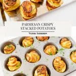 Pinterest image for Parmesan crispy stacked potatoes.