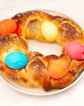 Braided bread with colored eggs.