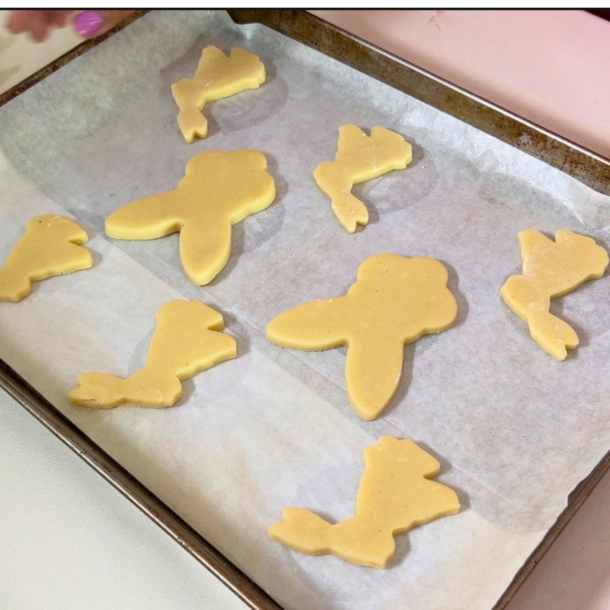 Sugar cookies with powdered sugar on the baking tray.