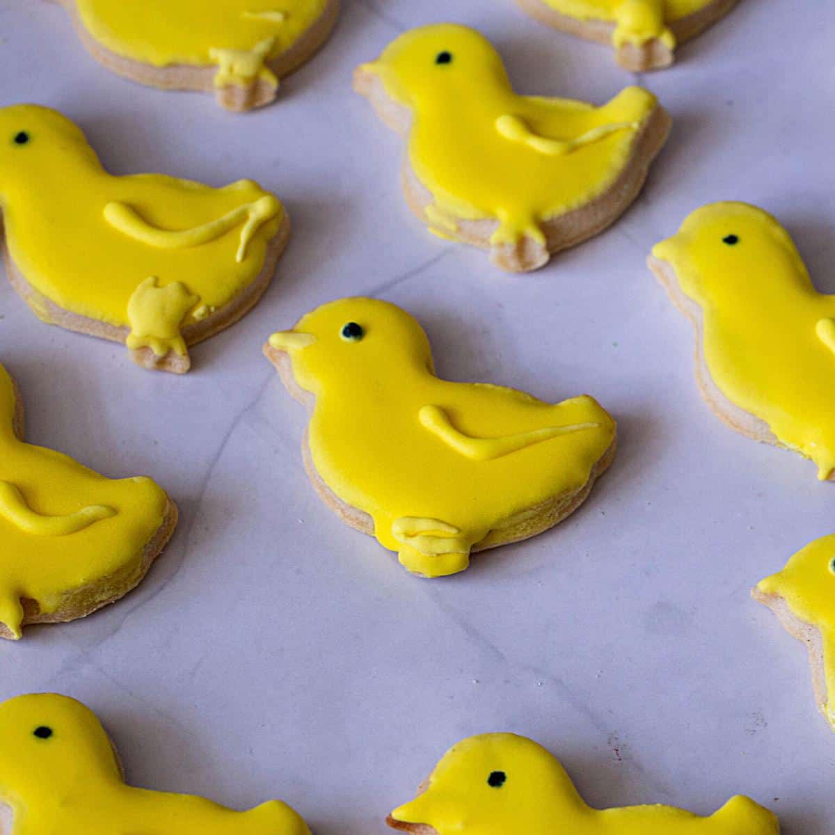 Yellow chick frosted cookies on the table.