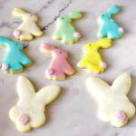 Colorful Frosted Easter Bunny Sugar Cookies on the table.