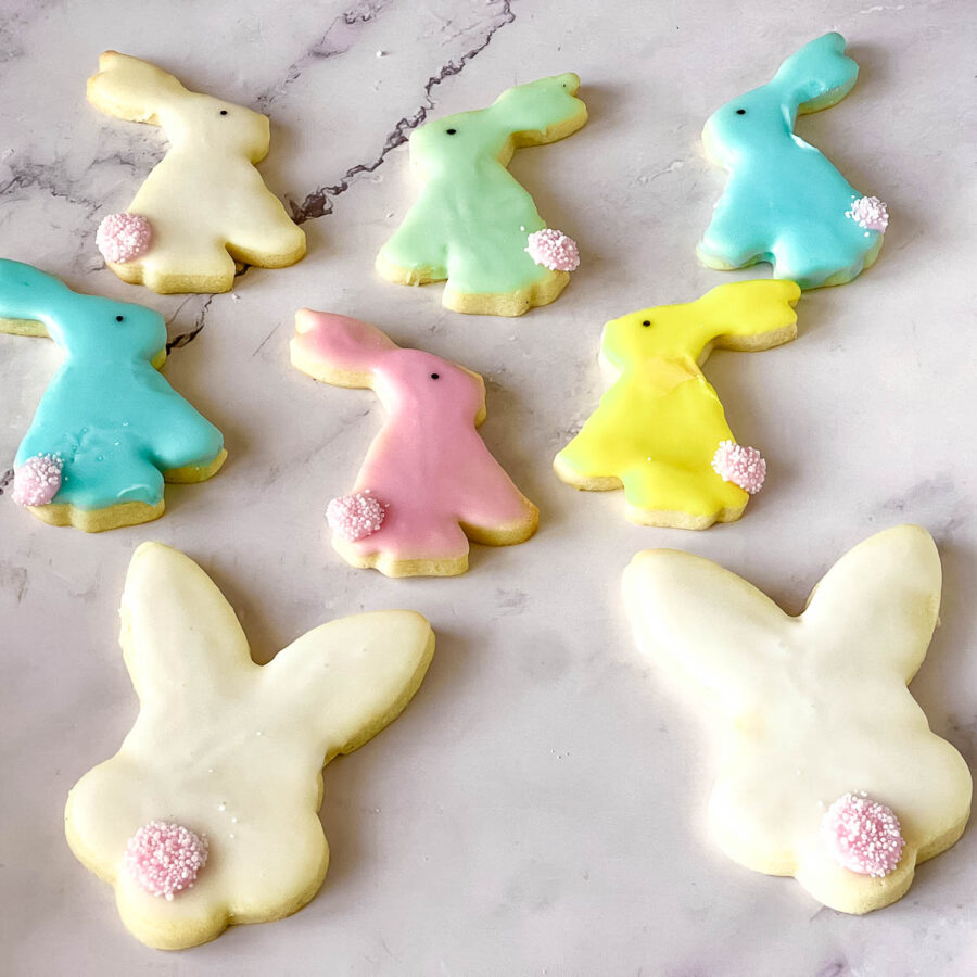 Colorful Frosted Easter Bunny Sugar Cookies on the table.