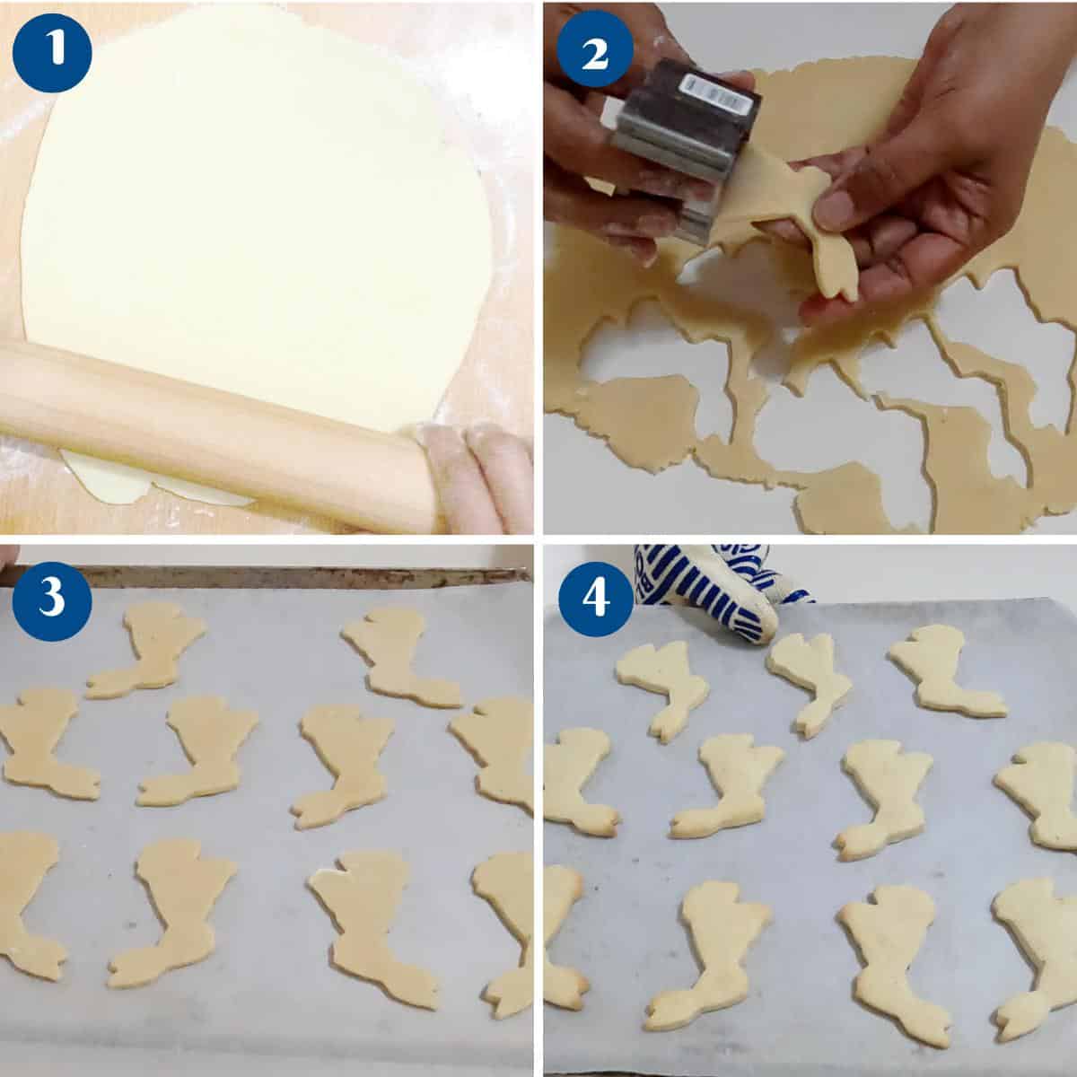 Progress pictures cutting bunny shaped sugar cookie dough.
