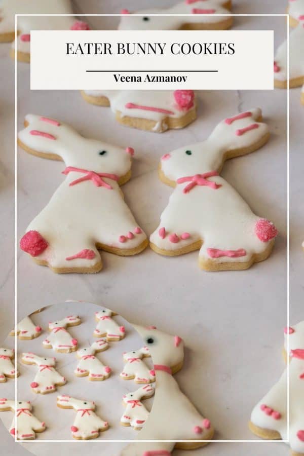 Pinterest image for Bunny sugar cookies with royal icing.
