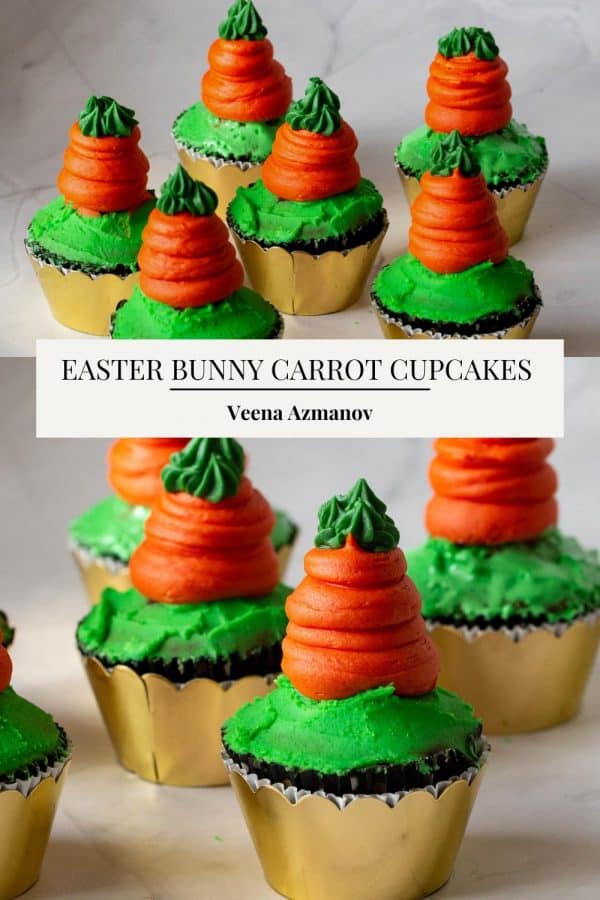 Pinterest image for Easter cupcakes with frosting carrots.