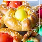 Pinterest image for Bread with colored eggs for Easter.