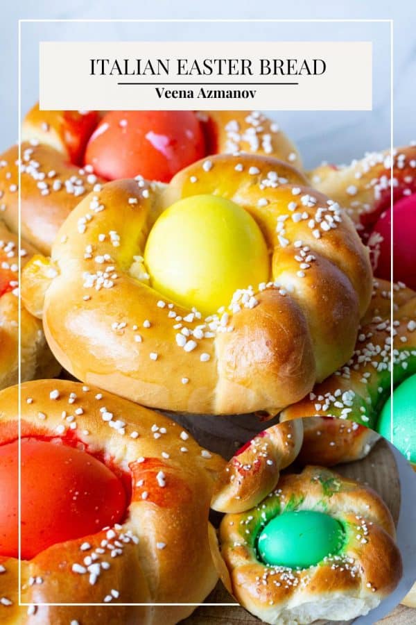 Pinterest image for Bread with colored eggs for Easter.