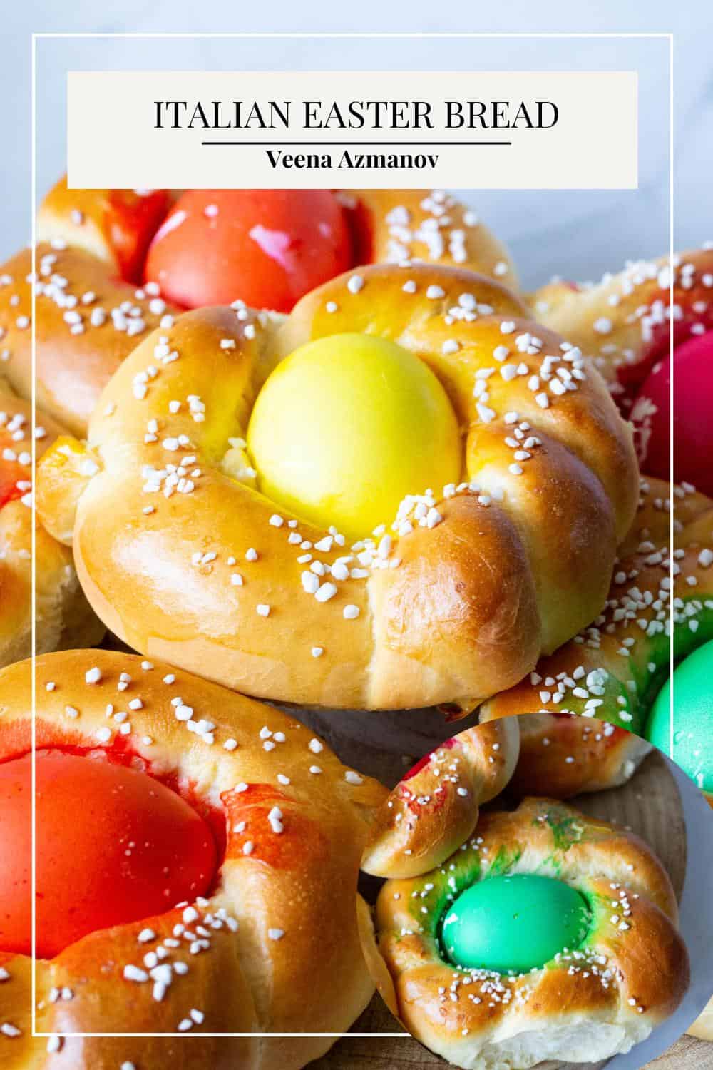 Pinterest image for Bread with colored eggs for Easter.