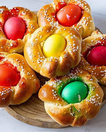 Bread with colored eggs in braided bread.