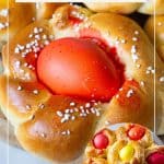 Pinterest image for Bread with colored eggs for Easter.